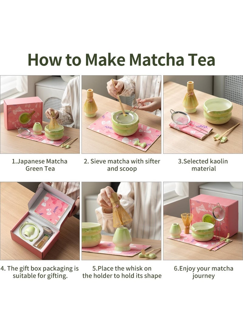 8 Pcs Matcha Whisk Set, Green Matcha Kit, Matcha Set Includes Matcha Bowl with Spout, Matcha Whisk and Holder, Ceramic Tea Caddy, Bamboo Scoop, Scoop Rest, Sifter and Tea Towel, Gift for Tea Lover - view 2